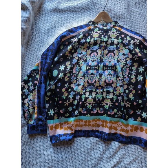 RACHEL ROY L Silky Kimono Blouse Blue & Gold Floral Button Up Collarless Top - Picture 10 of 12